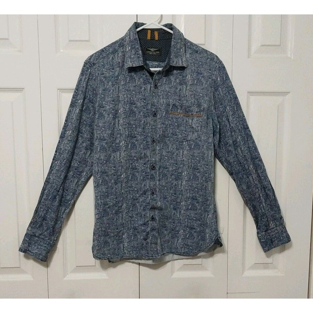 Across the Pond Men's Button Up Shirt Blue Geometric Long Sleeve 100% Cotton Med